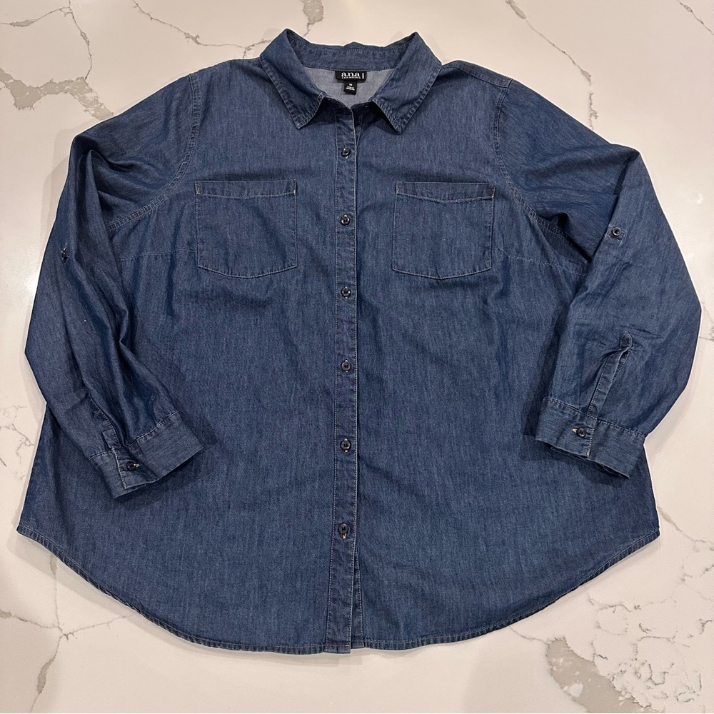 Ana Woman Blue Chambray Button Down Shirt 1X Roll Tab Denim Minimalist Classic